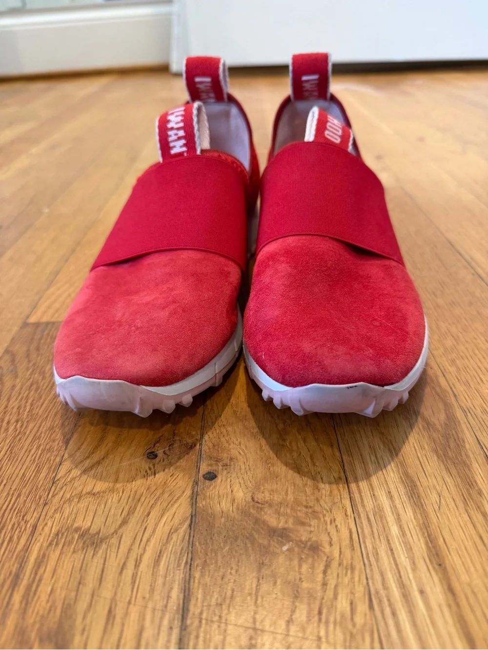 Jimmy Choo Red Mesh Slip-On Sneakers with White Logo Heel